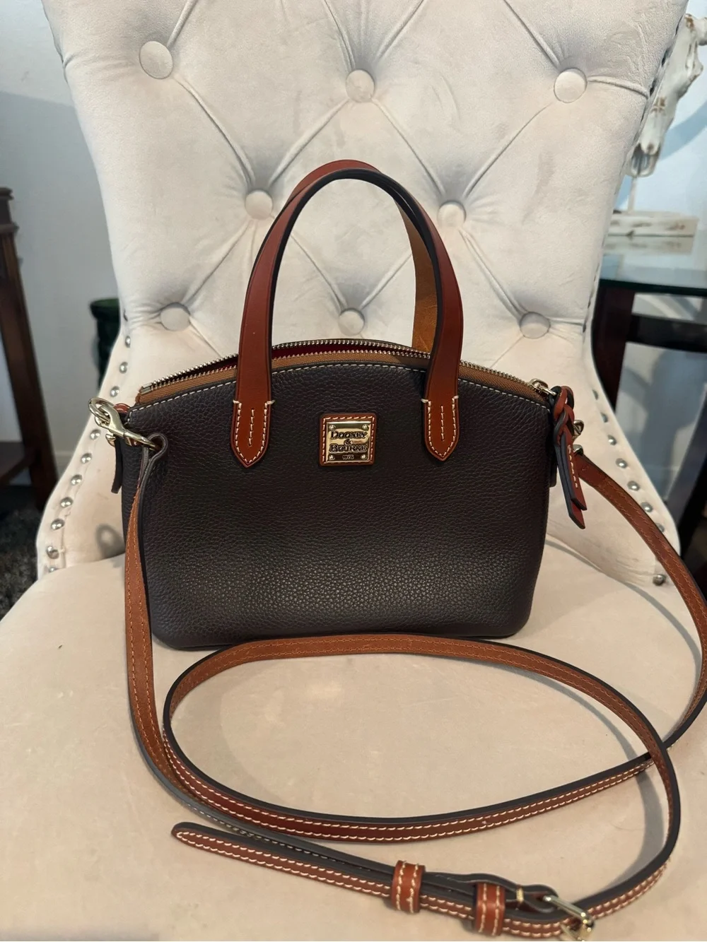 Dooney & Bourke Brown Pebbled Leather Satchel with Tan Trim